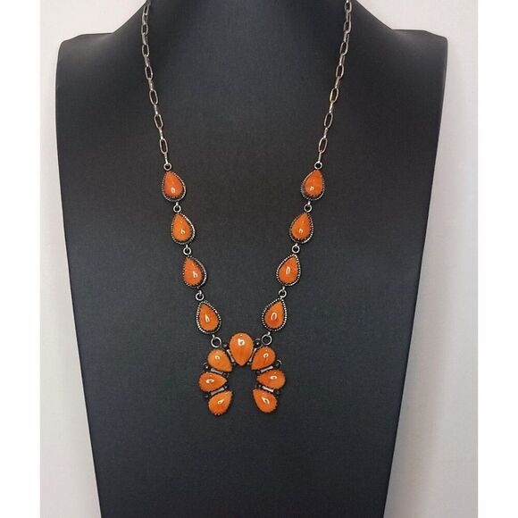 Southwest Native Style Sterling Silver Orange Spiny Oyster Shell Naja Necklace - Picture 3 of 8